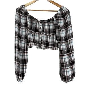 NWT Active USA Crop Top Womens L Brown Plaid Puff Sleeve Smocked Cottagecore Y2K